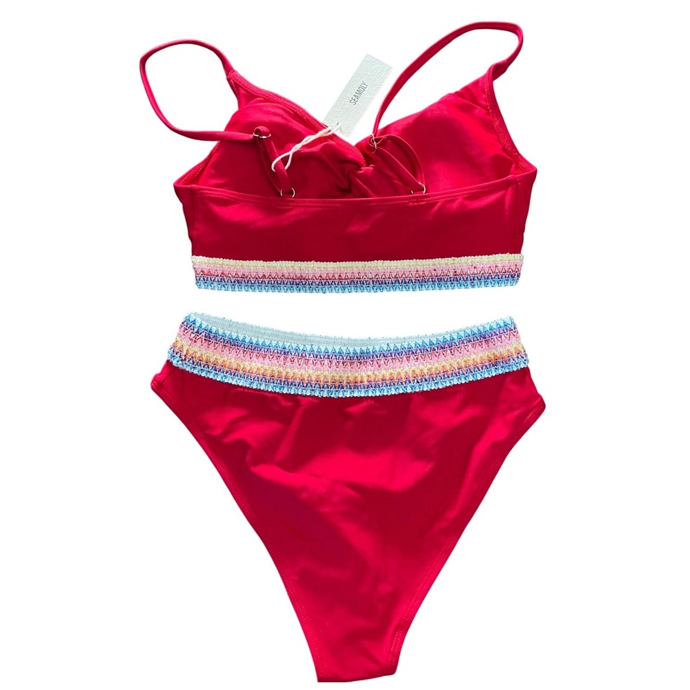 SEAMOLY Red Boho Rainbow Trim Bikini‎ Set High Waisted XS Beach Pool Gym Cruise - Picture 3 of 12